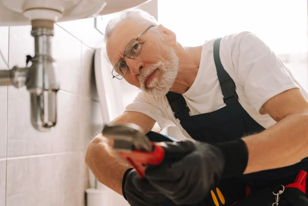 Plombier local réparant une fuite sous un lavabo