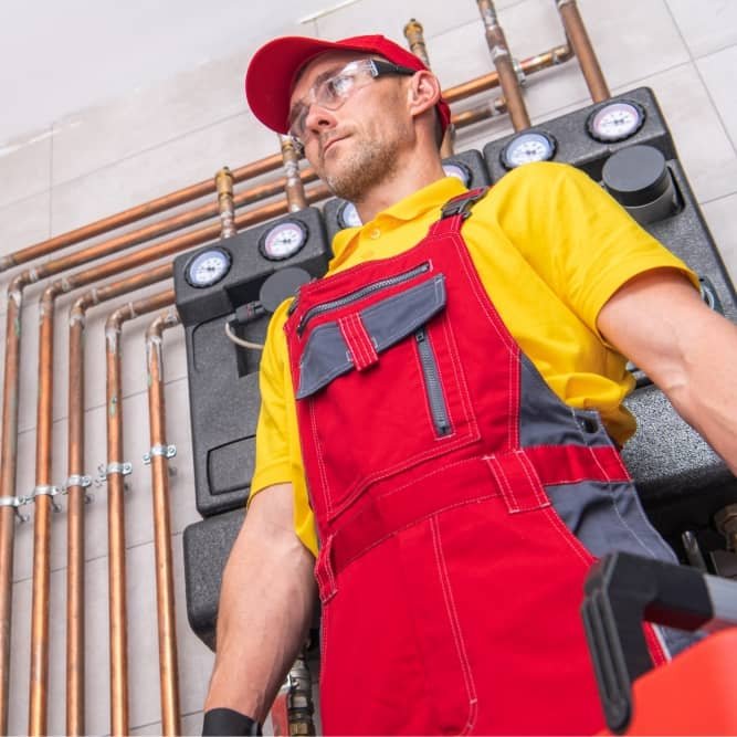 Plombier équipé prêt à intervenir en extérieur pour un service de débouchage